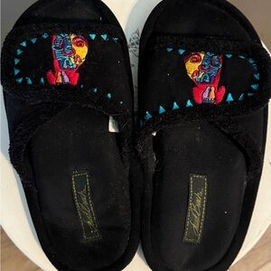 Laurel Burch Black Slippers with Colorful Embroidery